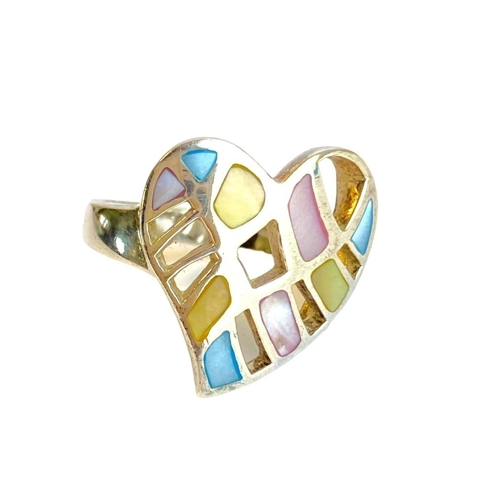 Vintage Sterling Silver Heart Ring Mother Of Pearl Cutout Pink Blue‎ Y2K Size 9